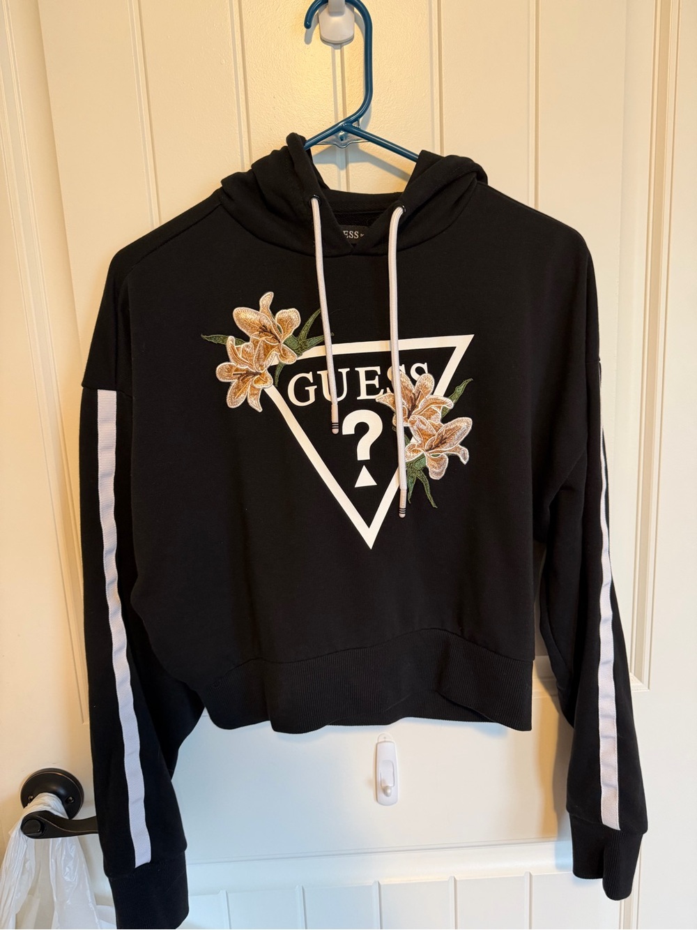 Guess Black Cropped Hoodie with Floral Logo